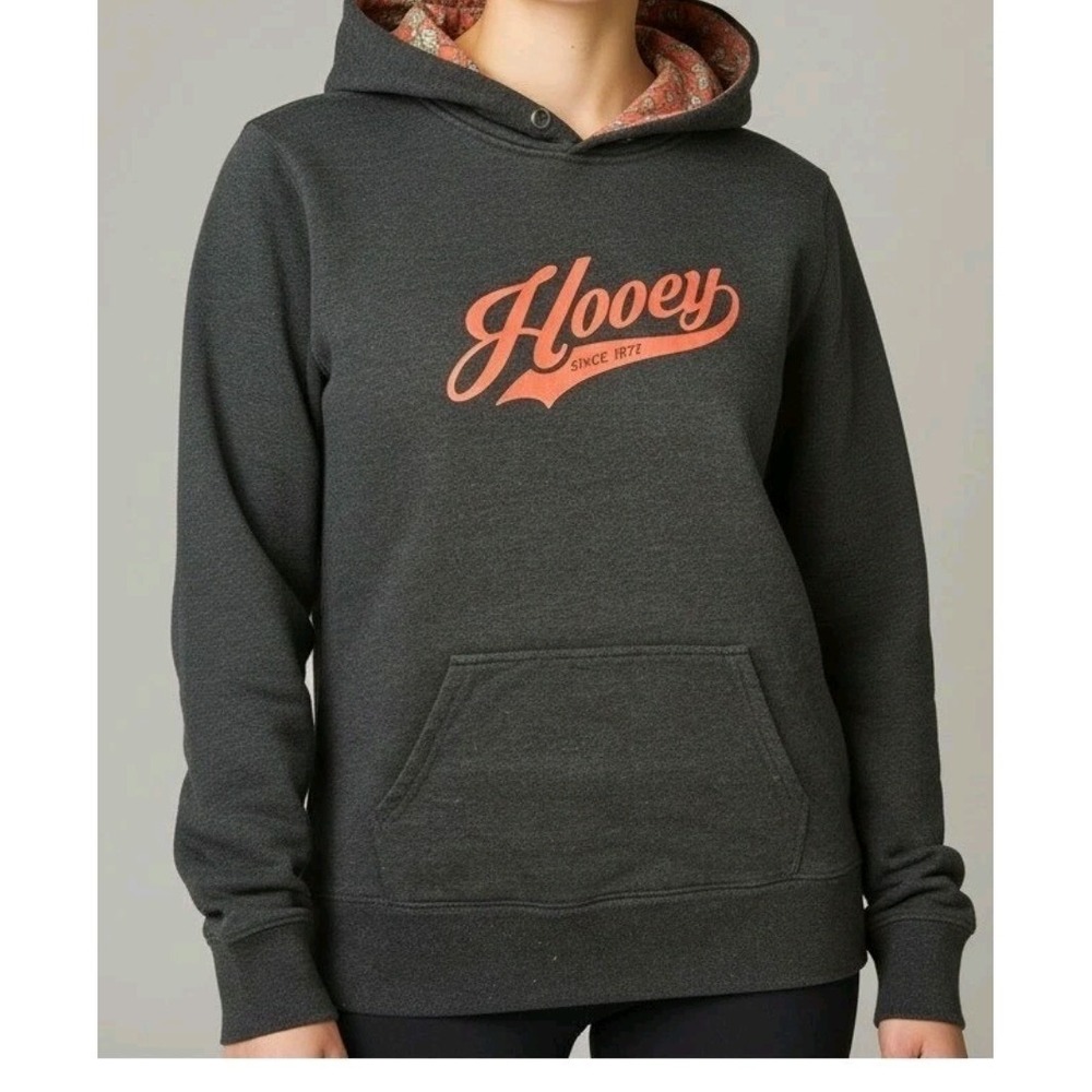 HOOEY Charcoal Gray Graphic Hoodie Sweatshirt Size XL Floral Lined Hood